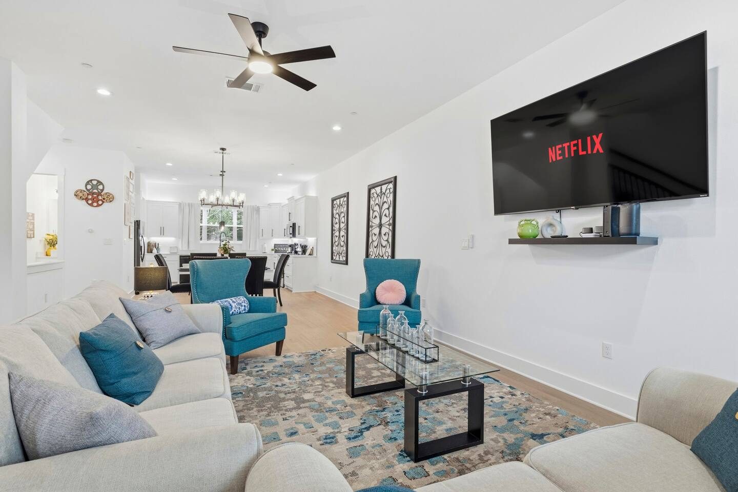 Open-concept living room with sectional seating